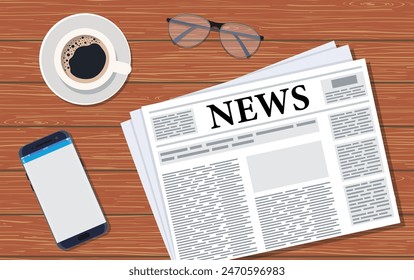 Morning world news with cup coffee, smartphone, glasses and folded newspaper on dark wood background. Vector illustration in flat style