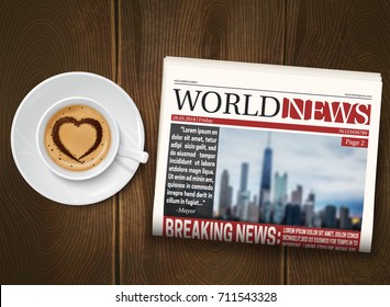 Morning World News Realistic Poster With Cup Coffee And Folded Newspaper On Dark Wood Background Vector Illustration 