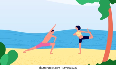 Morning yoga on beach. Man woman workout near ocean. Relax time, vacation or tourism. Summer outdoor stretching training vector illustration