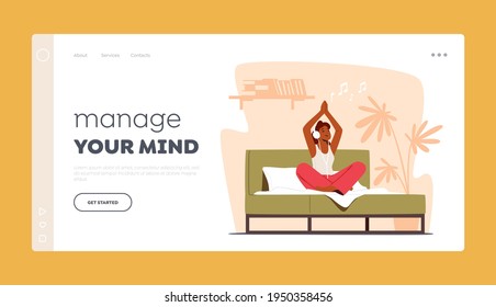 Morning Yoga Practice, Relaxation Emotional Balance, Harmony. Landing Page Template. Tranquil Woman Meditating in Lotus Posture with Hands above Head and Headphones on Bed. Cartoon Vector Illustration