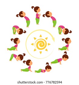 Morning yoga. Set of sun salutation exercises. Surya namascar asana sequence. Cute cartoon character in different asanas.