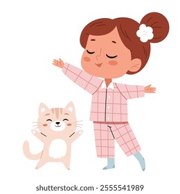 Morning yoga, warm-up. A girl in checkered pajamas does exercises or yoga with a cat.Happy girl workouts with funny cat at home. Female practices breathing exercises, meditates. 