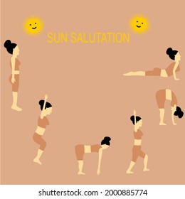 Morning Yoga , Women doing exercises of Surya Namaskara-Sun Salutation,at the time of quarantine.