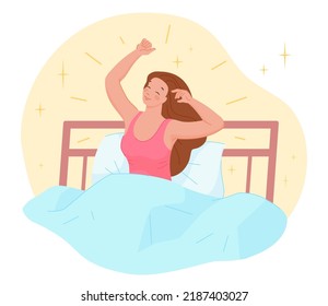 Mornings stretching in bed. Awakened happy woman stretches on sunlight, early fresh morning lazy relax girl sitting with blanket bedroom, wake up clock vector illustration of bedroom woman awake