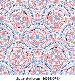 Moroccan abstract floral patchwork vector seamless pattern. Folk motifs handmade repeating illustration. Arabic folk circle mandala elements seamless geometric pattern.