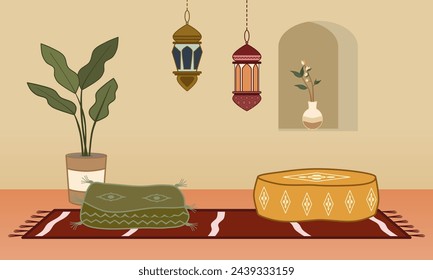 Moroccan, Arab, or Indian interior design with cushions and lantern lamp. Vector illustration.