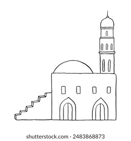 Moroccan Arabic minimalist landscape of old town simple black and white vector illustration. Ancient Middle East architecture with tower and stairs line sketch