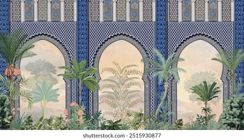 Arco marroquí con el pavo real de Chinoiseries, Fondo de pantalla real del jardín del palacio de los pájaros, mural marroquí de la pared, árbol, mural de la pared para la decoración de la Boda.