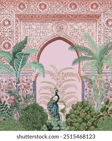 Moroccan Arch with Garden Illustration, Mughal Garden Illustration, Peacock, Watercolor Tree.