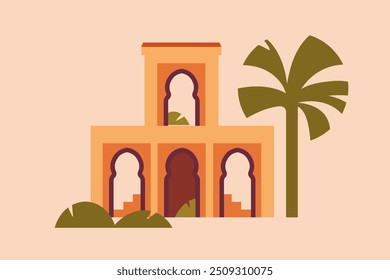 Arquitetura marroquina, antigos portões arqueados em Marrakech, desenho de cartas. As tradicionais janelas de arco histórico berbere, palmeiras, Marrocos e Medina cultura e estilo. Ilustração de vetor plano