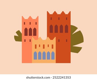 Arquitetura marroquina com torres antigas, design de cartas moderno. Prédio histórico árabe em Marrakech. Patrimônio cultural árabe. Marrocos, Medina palácio, castelo, cartão-postal. Ilustração de vetor plano