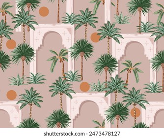 Moroccan architecture. Arch door in Palm tree garden seamless pattern,  bohemian aesthetic. Vector illustration ,Design for fashion , fabric, textile, wallpaper , wrapping and all print