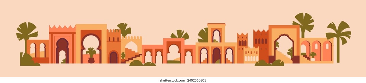 Moroccan architecture border. Morocco buildings, arched gates, walls, horizontal decor. Ancient Arab arcs row, panorama, decoration. Abstract Maroc, Medina houses. Isolated flat vector illustration