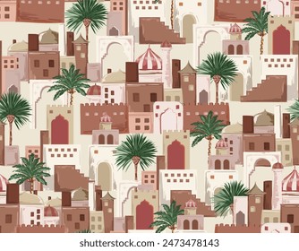 Moroccan architecture. City Scape building and garden seamless pattern,  bohemian aesthetic. Vector illustration ,Design for fashion , fabric, textile, wallpaper , wrapping and all print