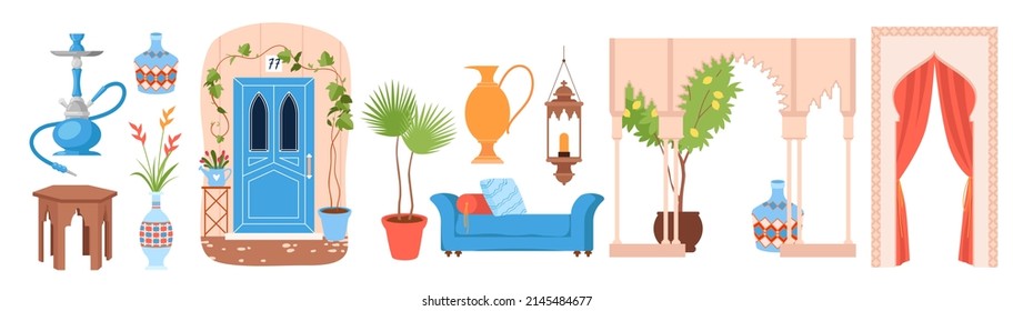 Moroccan architecture, interior decoration and culture elements set vector illustration. Cartoon blue door and gate, old pot with palm, sofa with cushions, jug and table from Morocco isolated on white