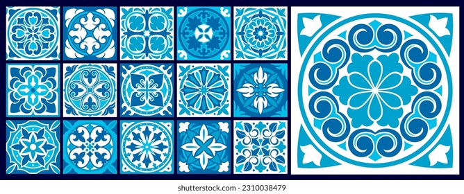 marokkanische Azulejomuster, Majolikatziegel oder Talavera und Damast Vektor-Ornament. Portugiesische Azulejo-Fliesenhintergründe mit Blumenmosaikverzierungen, mediterranen Keramikmustern oder marokkanischen Mustern