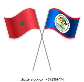 Moroccan and Belizean crossed flags. Morocco combined with Belize isolated on white. Language learning, international business or travel concept.