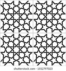 Moroccan black and white tiles vector pattern, Moorish seamless design, Geometric abstract tiles. Repetitive monochrome mosaic background inspired by ceramic tiles from Morocco