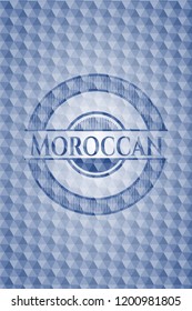 Moroccan blue badge with geometric background.