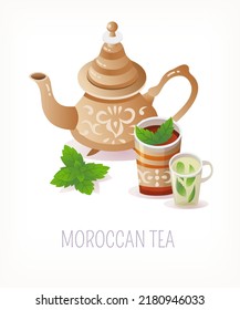 Moroccan brass ornate teapot with mint tea in decorated glass. Vector illustration of tea serving. Design element for menus, posters and tea party invitations.