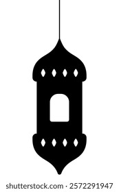 Moroccan candlestick. Silhouette. Vector illustration. Dark lantern sconce hanging. Outline on isolated background. The lamp is decorated with rhombus through which light is diffused. 