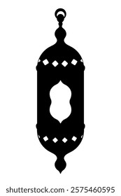 Moroccan candlestick. Silhouette. Vector illustration. An elongated hanging lantern with a patterned window. The dark lamp is decorated with rhombus to diffuse light. Outline on isolated background.