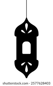 Moroccan candlestick. Silhouette. Vector illustration. Dark lantern sconce with a window. Outline on isolated background. The lamp is decorated with three petals to diffuse light. Idea for web design.