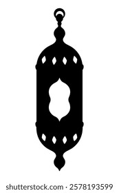 Moroccan candlestick. Silhouette. Vector illustration. An elongated hanging lantern with a patterned window. The dark lamp is decorated with rhombus to diffuse light. Outline on isolated background. 