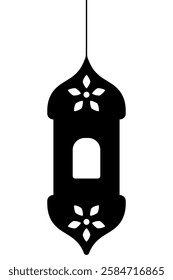 Moroccan candlestick. Silhouette. Vector illustration. Dark lantern sconce with a window. Outline on isolated background. The lamp is decorated with a flower to diffuse light. Idea for web design.