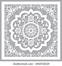 Moroccan carved mandala inspired design, vector oriental pattern with flowers, leaves and swirls. Marrakesh retro decoration in white on gray, traditional detailed art from Morocco

