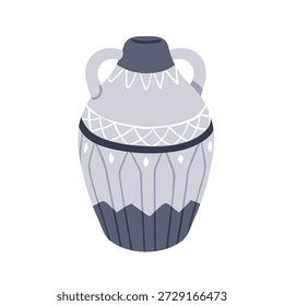 Moroccan ceramic jar. Morocco style amphora, vintage arab vessel with ethnic pattern, decorative ornament. Handmade pottery for storage. Flat vector illustration isolated on white background