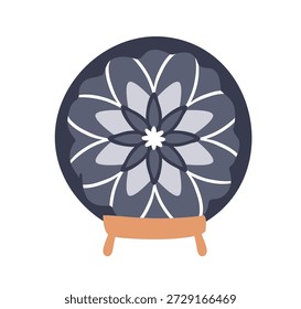 Moroccan ceramic plate. Round decorative dish with Morocco floral ornament, Maroc pattern, ethnic motif. North African art, handmade decoration. Flat vector illustration isolated on white background