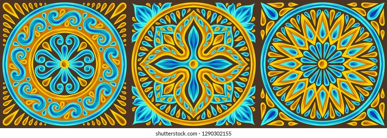 Moroccan ceramic tile pattern. Ethnic floral motifs. Mediterranean traditional folk ornament. Portuguese azulejo, mexican talavera or spanish majolica.