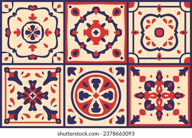 Moroccan ceramic tile pattern. Spanish patchwork ornaments, Portuguese background in contrast red, blue, beige colors. Azulejo, Majolica floor, geometric pottery design, mosaic vector illustration.