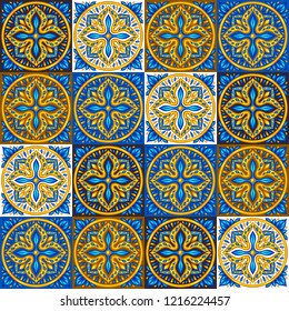 Moroccan ceramic tile seamless pattern. Ethnic floral motifs. Mediterranean traditional folk ornament. Portuguese azulejo, mexican talavera or spanish majolica.