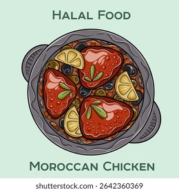 Moroccan Chicken, a delightful halal dish featuring tender chicken infused with aromatic spices, served with couscous and a side of tangy sauce