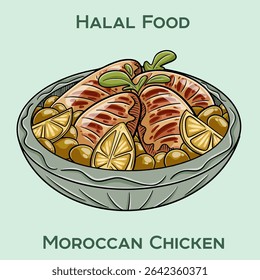 Moroccan Chicken, a delightful halal dish featuring tender chicken infused with aromatic spices, served with couscous and a side of tangy sauce