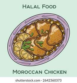 Moroccan Chicken, a delightful halal dish featuring tender chicken infused with aromatic spices, served with couscous and a side of tangy sauce