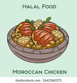 Moroccan Chicken, a delightful halal dish featuring tender chicken infused with aromatic spices, served with couscous and a side of tangy sauce