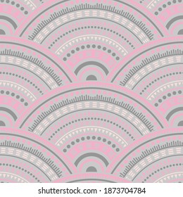 Moroccan circle elements fabric print vector seamless pattern. Ethnic motifs modern repeating scallops. Arabic ethnic medallion concentric shapes seamless geometric pattern.
