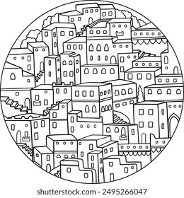 Moroccan city buildings maze coloring page