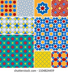 Moroccan collection seamless pattern, Morocco. Patchwork mosaic traditional folk geometric ornament blue red green orange yellow. Tribal oriental style. Can be used for fabrics, wallpapers. Vector