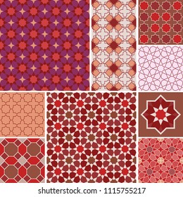 Moroccan collection seamless pattern, Morocco. Patchwork mosaic traditional folk geometric ornament red pink brown claret. Tribal oriental style. Can be used for fabrics, wallpapers. Vector