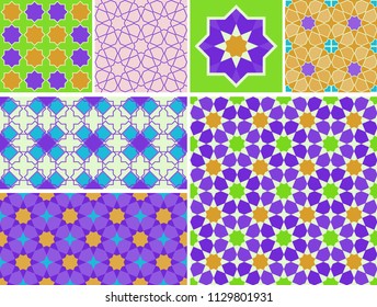 Moroccan collection seamless pattern. Patchwork mosaic traditional folk geometric ornament burgundy blue green violet orange purple. Tribal oriental style. Can be used for fabrics, wallpapers. Vector
