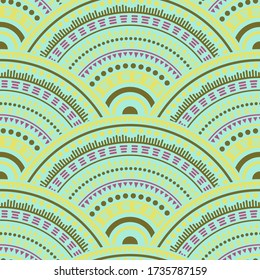 Moroccan concentric elements patchwork vector seamless pattern. Oriental motifs wavy line art geometry. Arabic folk mandala shapes seamless geometric motifs pattern.