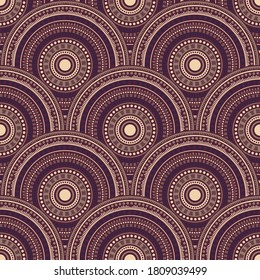 Moroccan concentric elements patchwork vector seamless pattern. Ethnic motifs vintage repeating scallops. Arabic ethnic round medallion circles seamless geometric pattern.