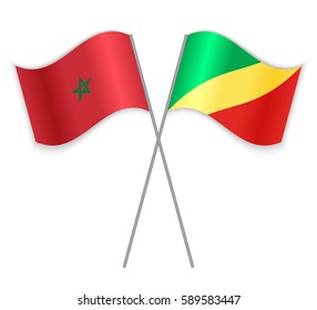 Moroccan and Congolese crossed flags. Morocco combined with Republic of the Congo isolated on white. Language learning, international business or travel concept.