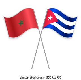 Moroccan and Cuban crossed flags. Morocco combined with Cuba isolated on white. Language learning, international business or travel concept.