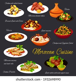 Moroccan cuisine vector menu dishes chicken with salted lemons, braised lamb with dates, almond cookies. Fazhin, harira and couscous, chickpea and eggplant salad, lamb, chicken pastilla Morocco meals