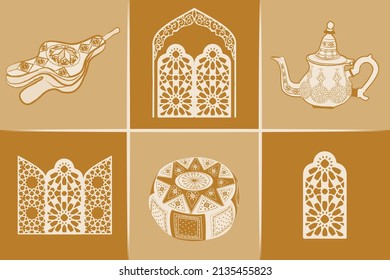 Moroccan cultural symbols SET. Morocco travel collection of icons, Vector isolated illustration, Terracotta colors.